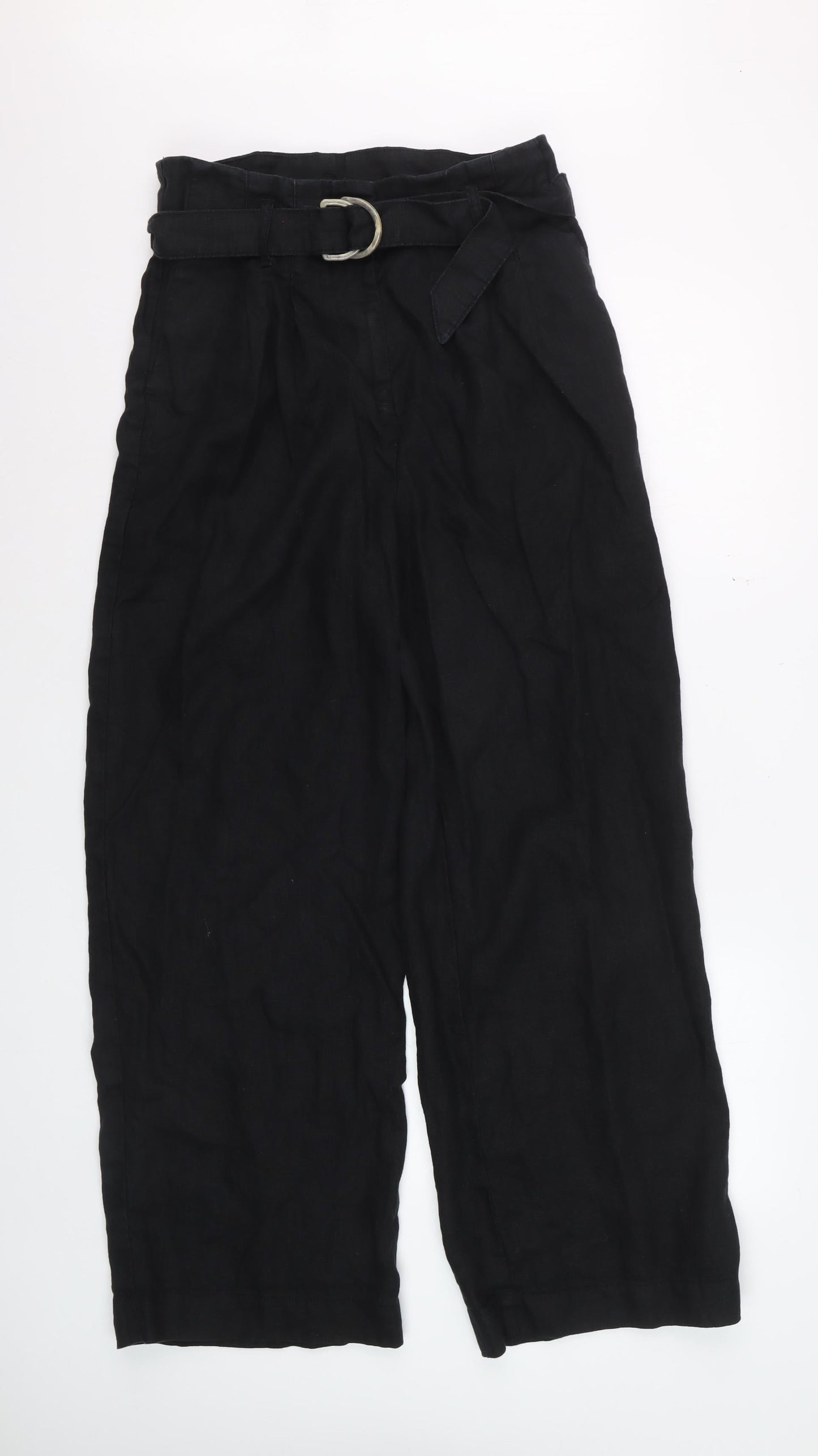 Marks and Spencer Womens Black Linen Belted Wide-Leg Trousers Size 12