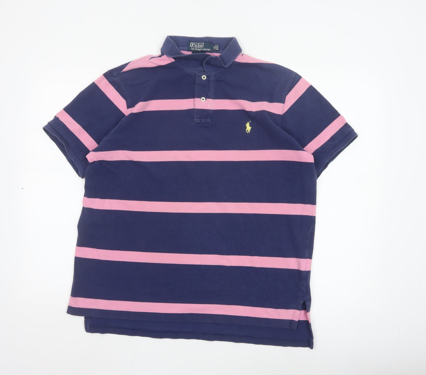 Ralph Lauren Mens Blue Pink Striped Polo Shirt XL Custom Fit