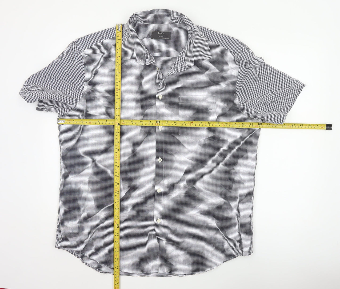 Marks and Spencer Men's Blue Check Regular Fit Short Sleeve Shirt XL