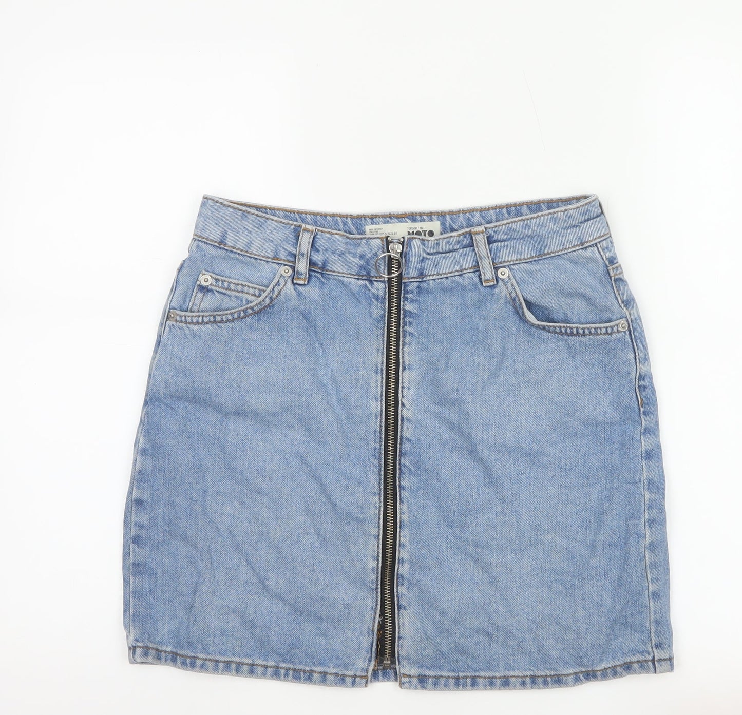 Topshop Women Blue Denim Zip Front Mini Skirt Size 10 Tall