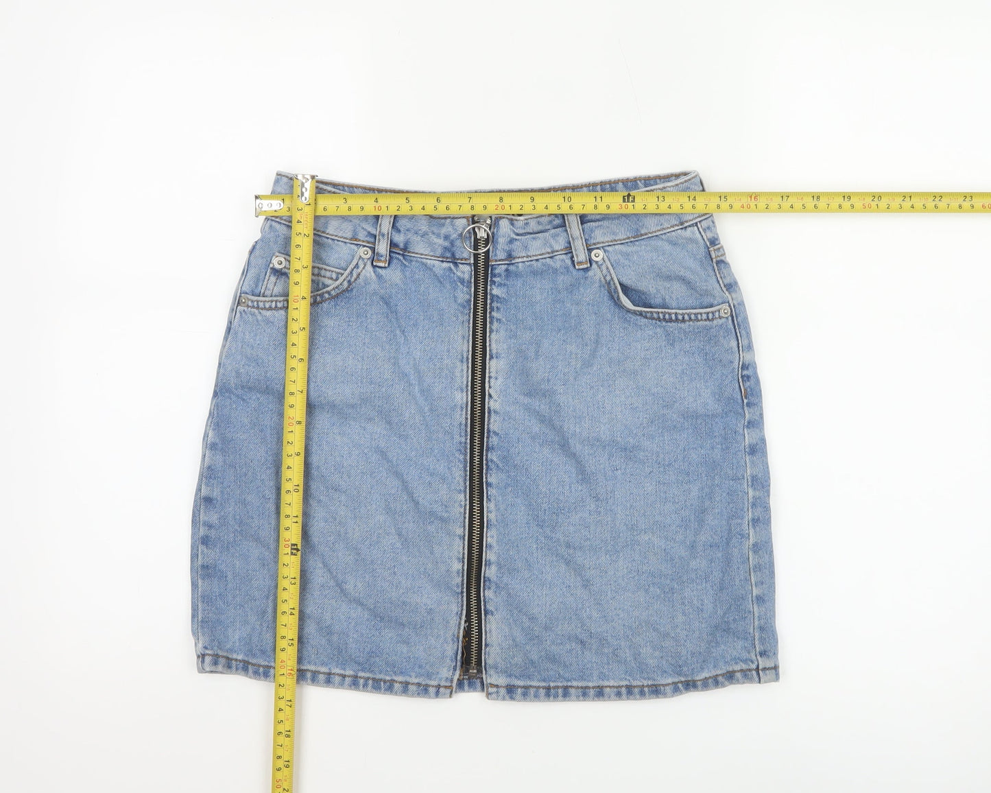 Topshop Women Blue Denim Zip Front Mini Skirt Size 10 Tall