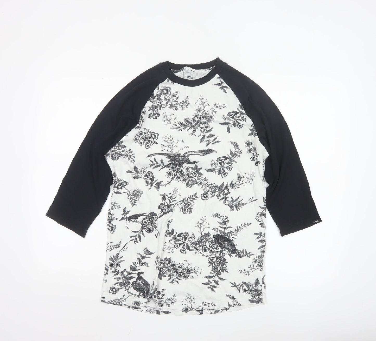 Vans Men's Black & White Floral Bird Raglan 3/4 Sleeve T-Shirt Small