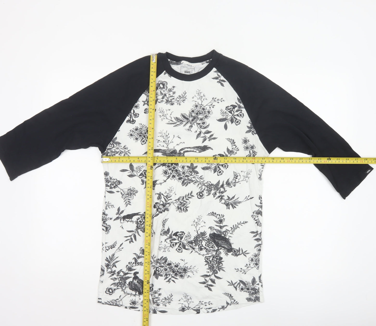Vans Men's Black & White Floral Bird Raglan 3/4 Sleeve T-Shirt Small
