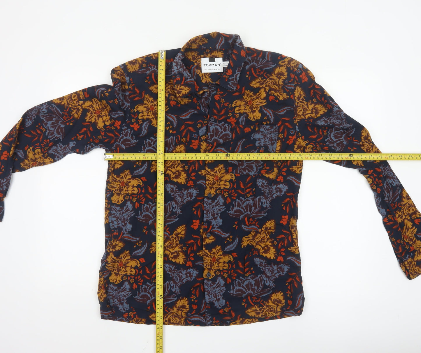 Topman Men's Navy Floral Long Sleeve Button-Up Shirt Size L