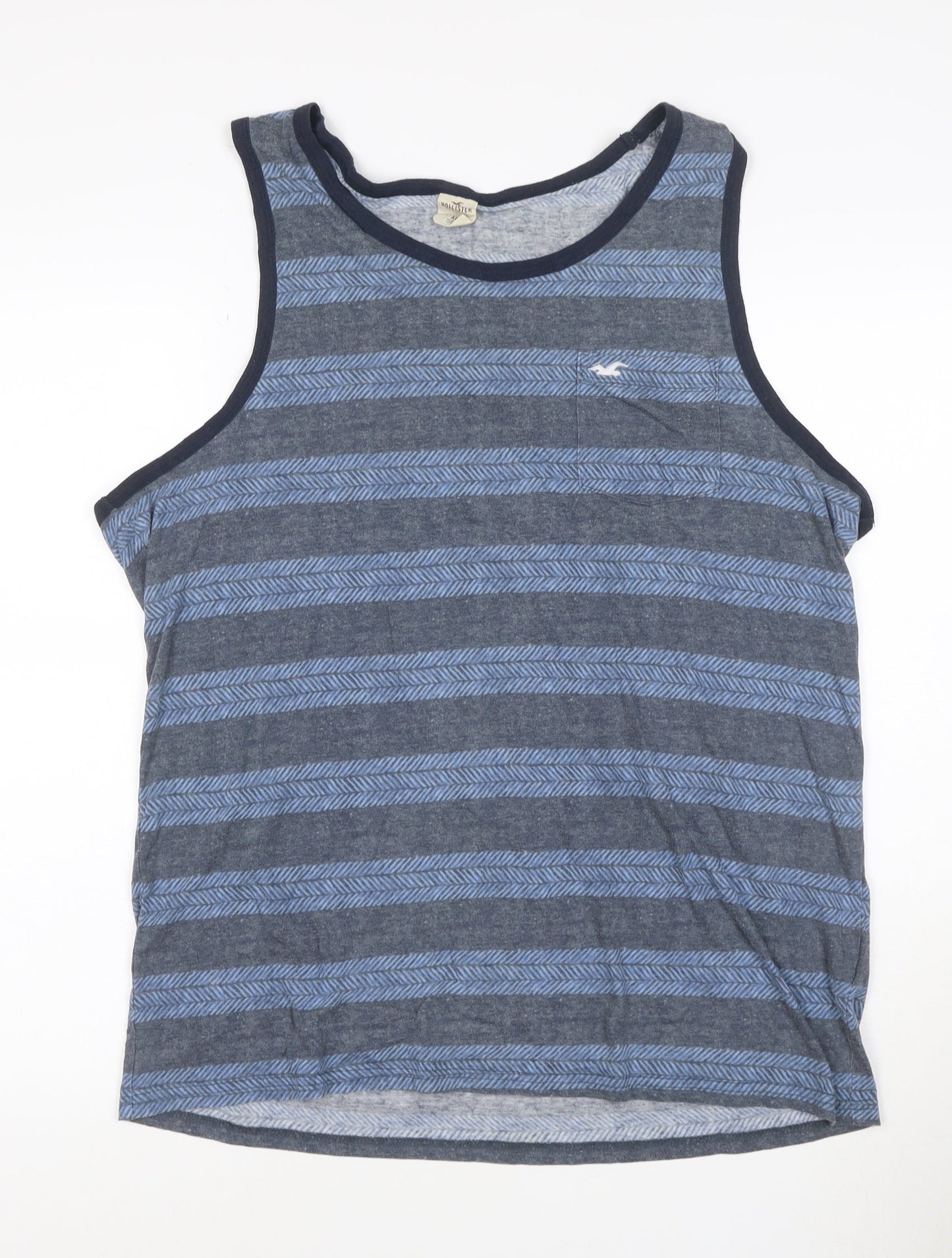 Hollister Men's Blue Striped Sleeveless Cotton Blend T-Shirt XL
