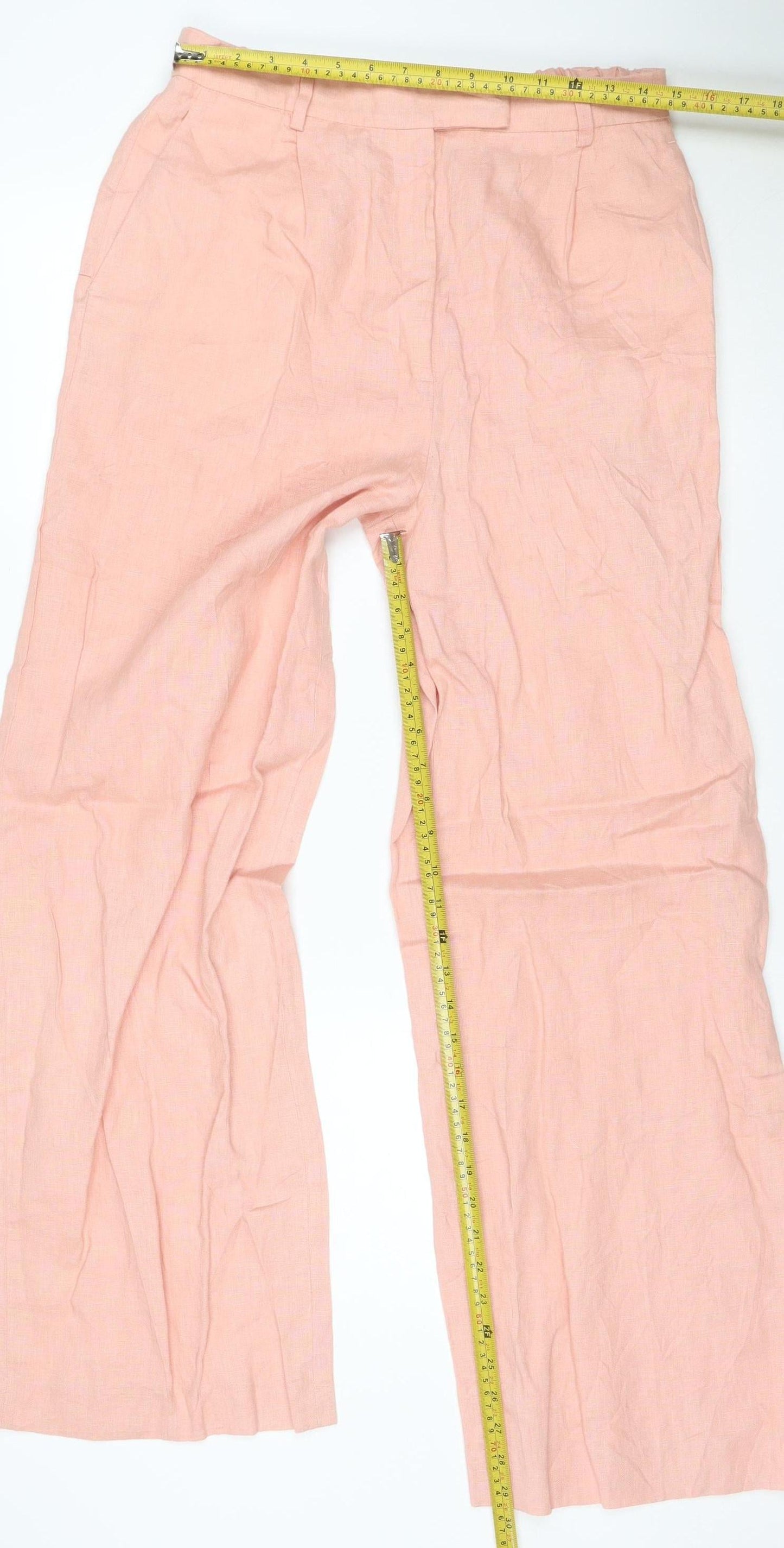 Zara Women Pink Linen Wide-Leg Trousers Size L