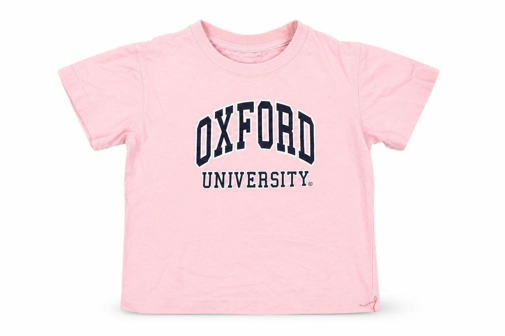 Front view of Oxford University girls’ pink t-shirt 5-6 years 100% cotton casual tee
