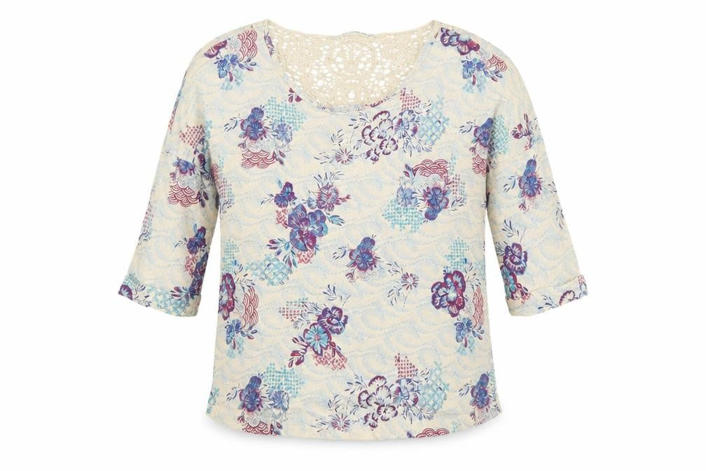 Marks & Spencer Women’s Beige Floral 3/4 Sleeve Crochet Tunic Top Size 10