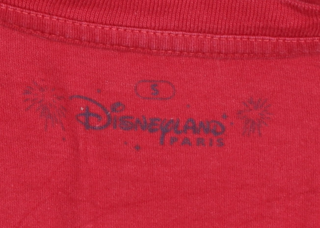 Brand and care label for Disneyland Paris Women’s Red Minnie Mouse T-Shirt, size S, Short Sleeve Cotton