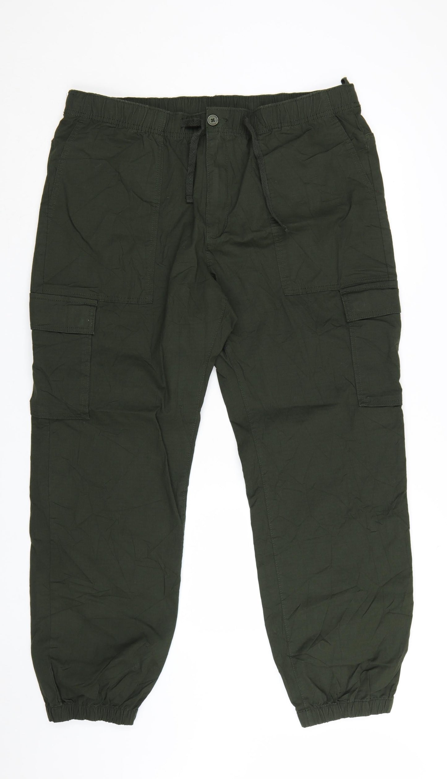 Marks and Spencer Men's Green Cargo Trousers XL Elastic Waist Cotton Blend