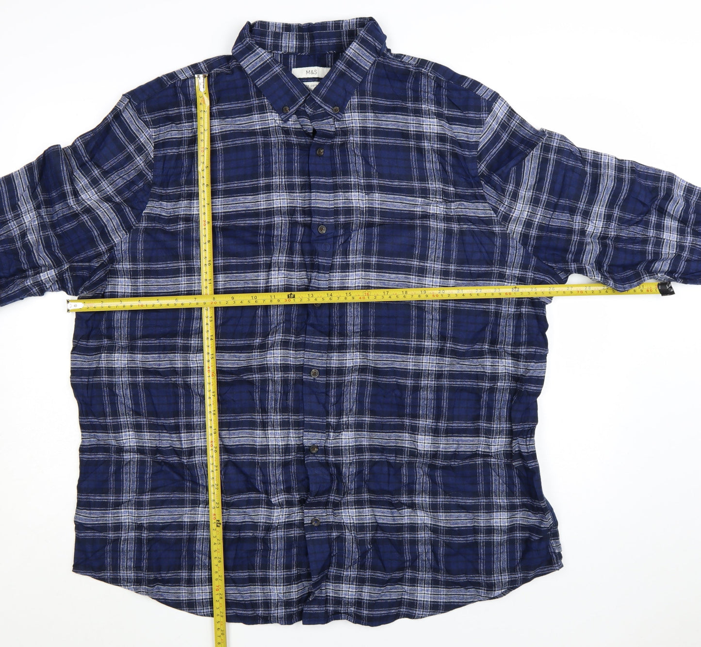 Marks and Spencer Men's Blue Check Cotton Button-Up Shirt 3XL Regular