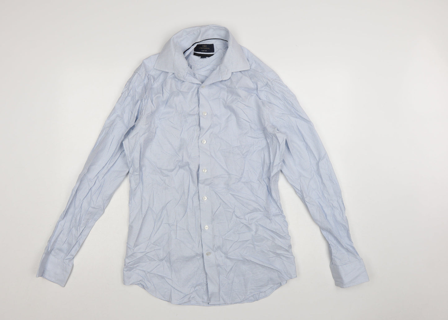 Marks and Spencer Mens Blue Slim Fit Check Cotton Dress Shirt 15.5in Collar
