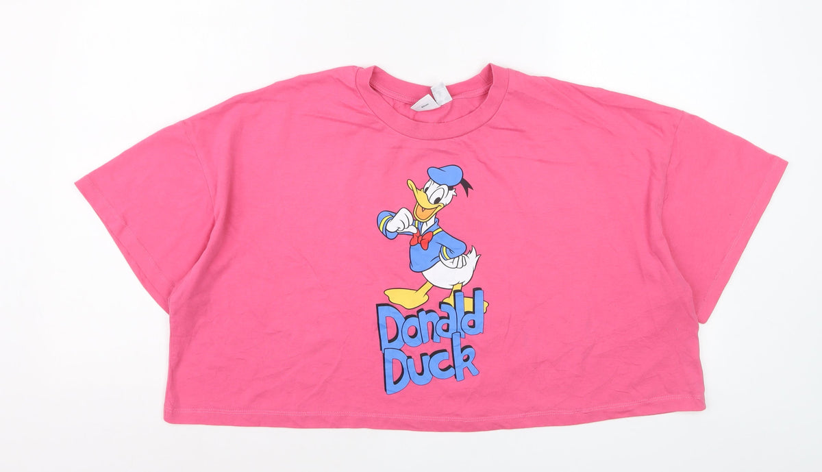 Front view of Disney Women’s Pink Donald Duck Cropped T-Shirt, size XL, Relaxed Fit