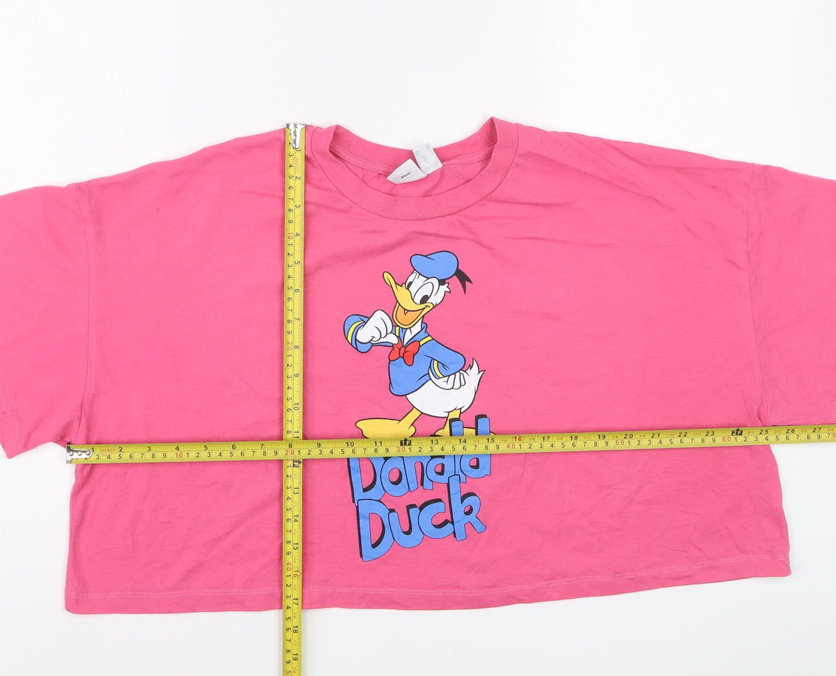 Back view of Disney Women’s Pink Donald Duck Cropped T-Shirt, size XL, Relaxed Fit