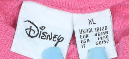 Brand and care label for Disney Women’s Pink Donald Duck Cropped T-Shirt, size XL, Relaxed Fit