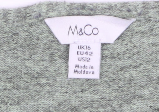 M&Co Women’s Green Long Sleeve Knot Front Jersey Top Size 16