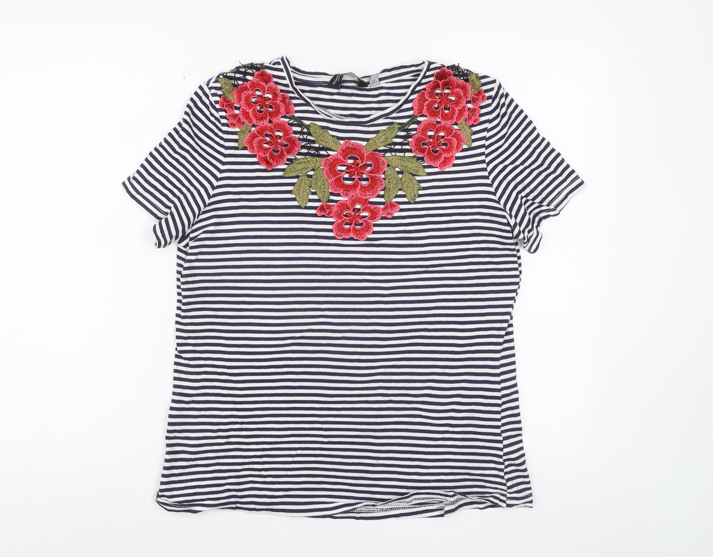 Dorothy Perkins Women Blue Striped Embroidered Floral Cotton T-Shirt Size 14