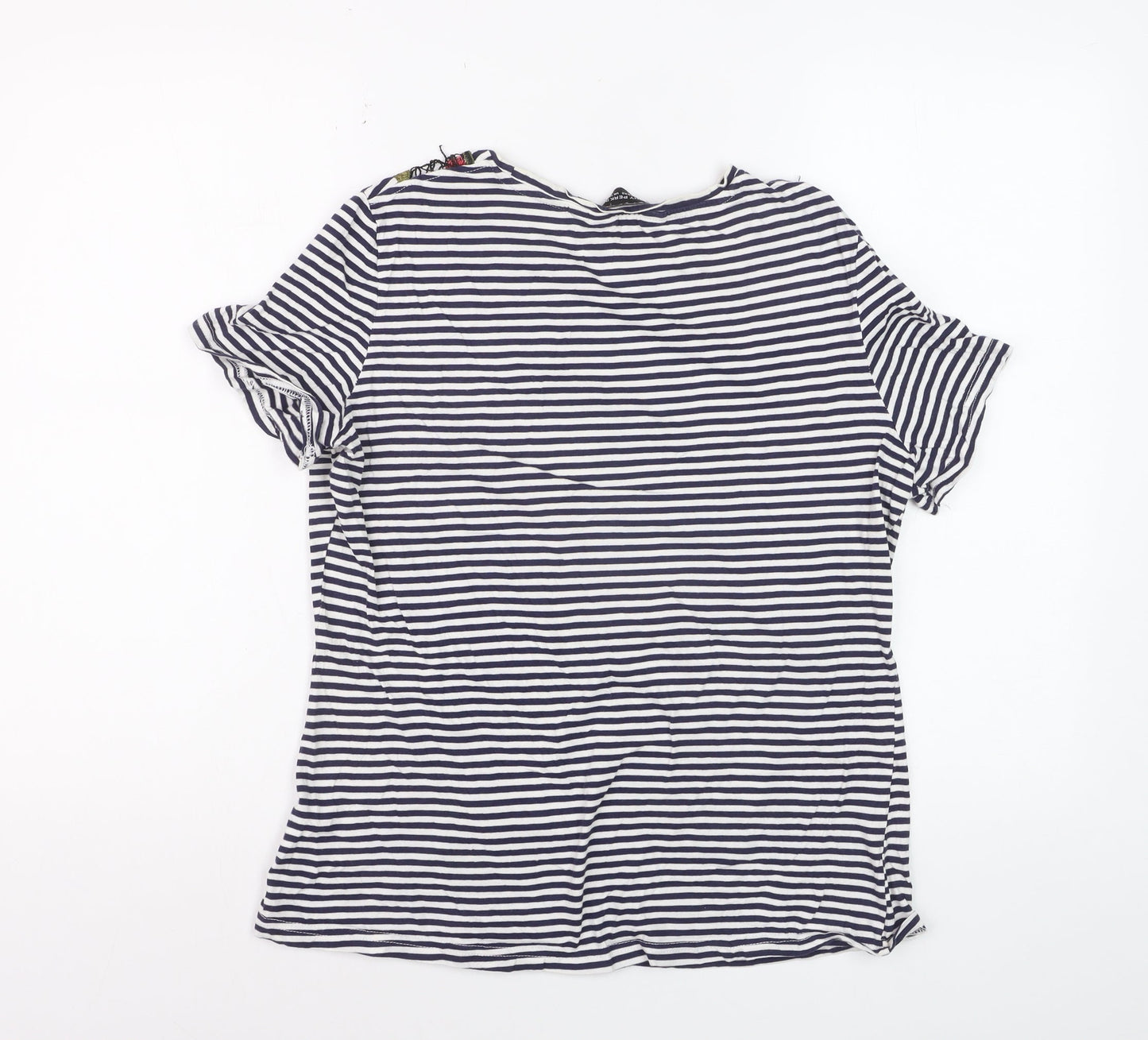 Dorothy Perkins Women Blue Striped Embroidered Floral Cotton T-Shirt Size 14