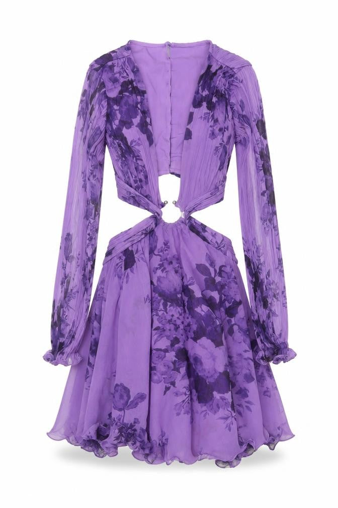 Front view of ASOS DESIGN Women’s Purple Floral Cut Out Chiffon Mini Dress, size UK 4