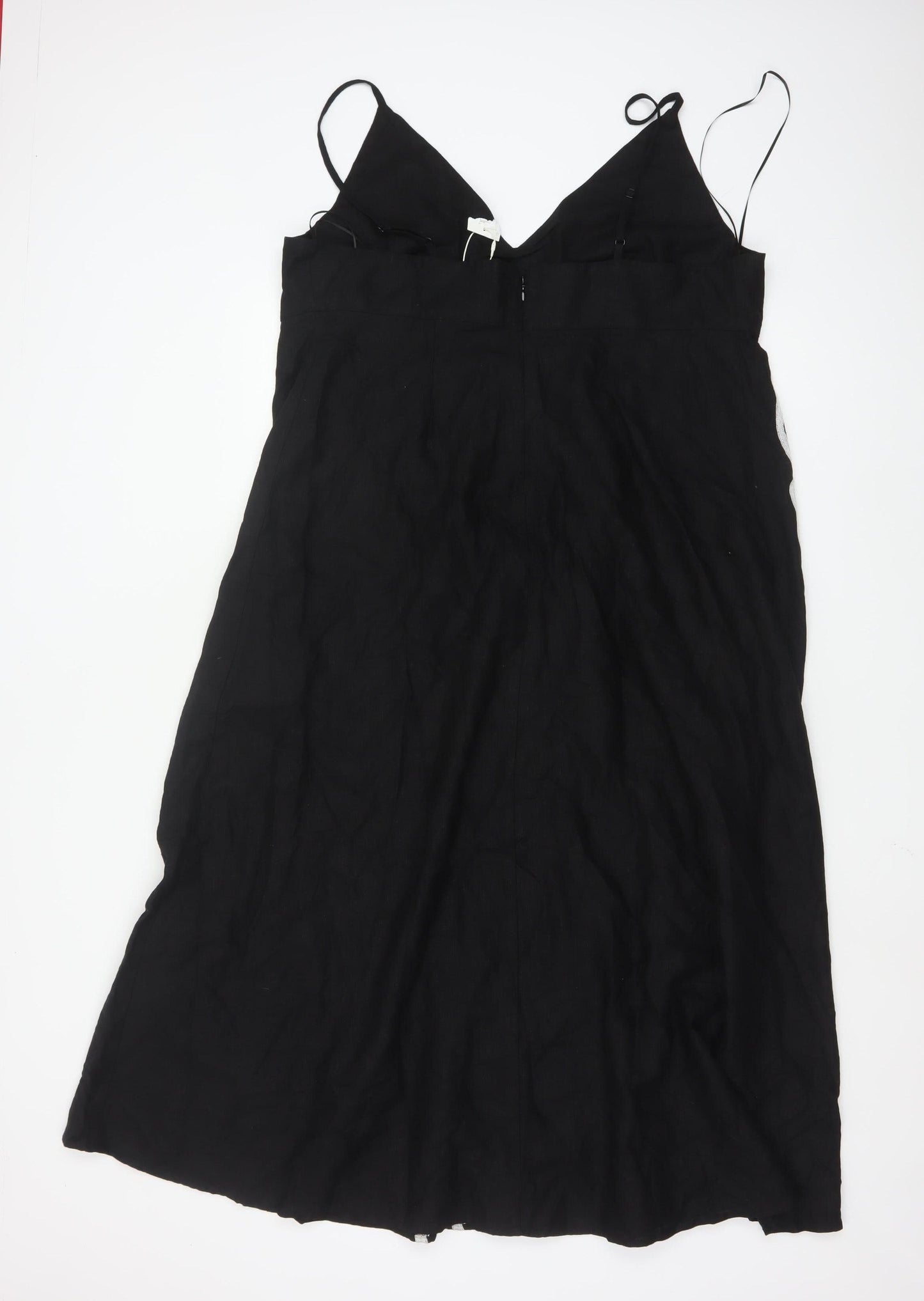 Marks and Spencer Women Black Linen Slip Dress Size 18 Embroidered Floral