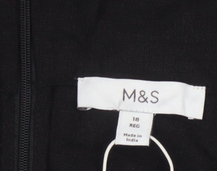 Marks and Spencer Women Black Linen Slip Dress Size 18 Embroidered Floral
