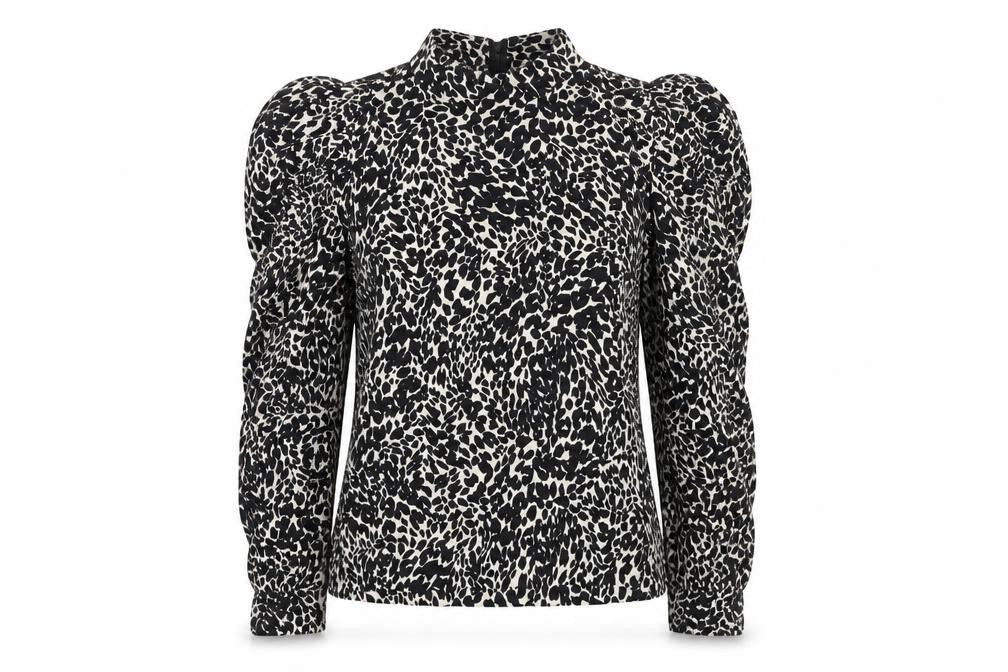 Zara Womens Black Animal Print High Neck Puff Sleeve Blouse XS