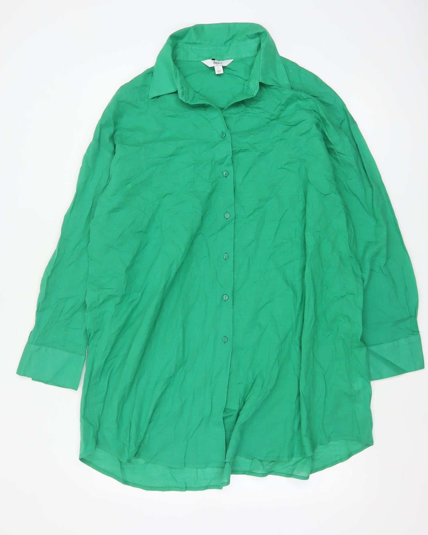 Marks and Spencer Women’s Green Cotton Long Sleeve Button-Up Shirt L
