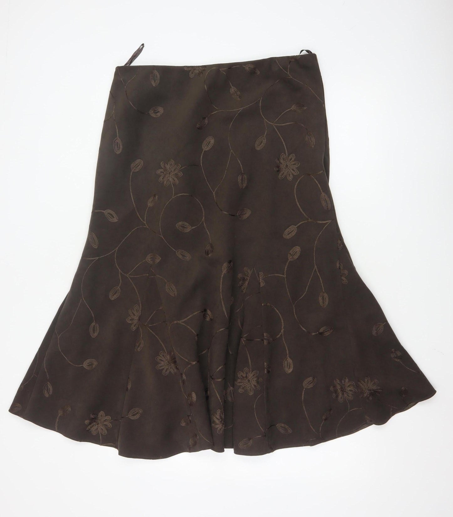 Bm Women Brown Floral Embroidered A-Line Midi Skirt Size 16