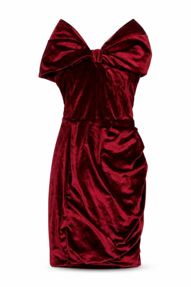 Front view of Club L London Women’s Red Velvet Off Shoulder Bodycon Dress, size UK 8
