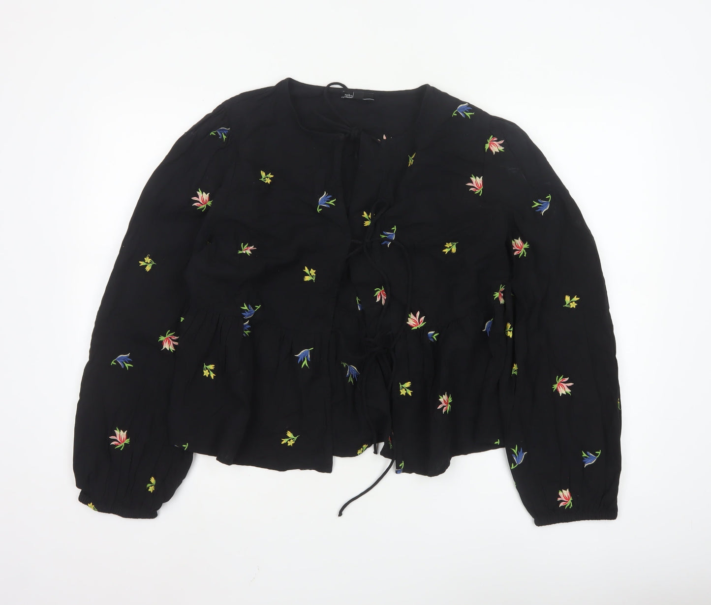 Nobody’s Child Women’s Black Floral Embroidered Peasant Blouse UK 14