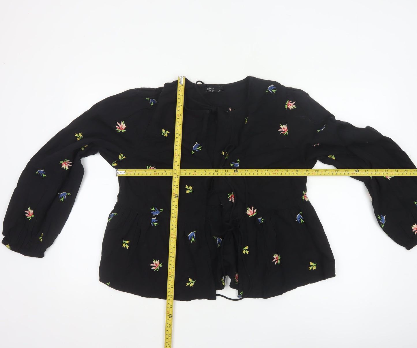 Nobody’s Child Women’s Black Floral Embroidered Peasant Blouse UK 14