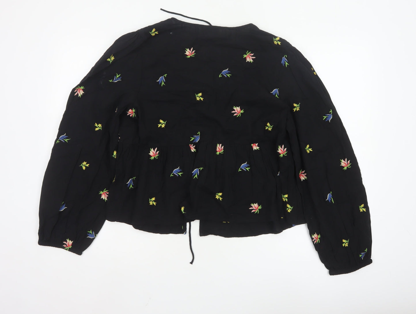 Nobody’s Child Women’s Black Floral Embroidered Peasant Blouse UK 14