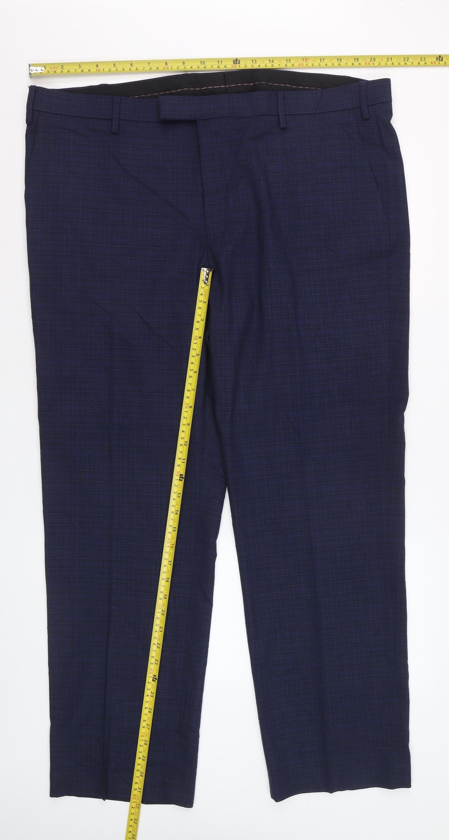 Marks and Spencer Men's Blue Check Regular Fit Dress Trousers 42W 31L