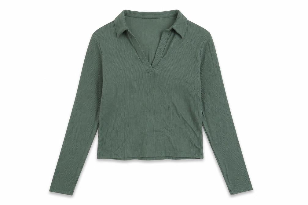 Stradivarius Women Green Cropped Collared Long Sleeve Top Size 12