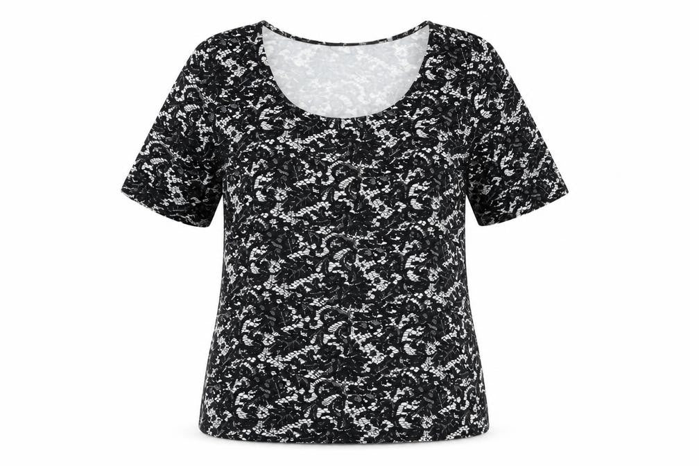 Front view of Dorothy Perkins Women’s Black Floral Lace Jersey T-Shirt, size UK 16