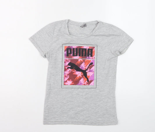 Puma Girls Grey Graphic Logo T-Shirt Size 11-12 Years Cotton Blend