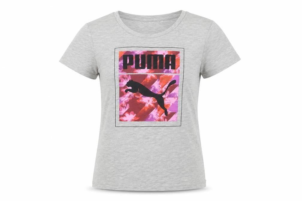 Front view of Puma girls’ grey graphic logo t-shirt, size 11-12, years cotton blend
