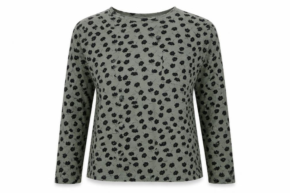 Marks and Spencer Womens Green Floral Cotton Long Sleeve T-Shirt Size 14