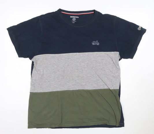 Lambretta Men's Navy Grey Khaki Colourblock Cotton T-Shirt XL