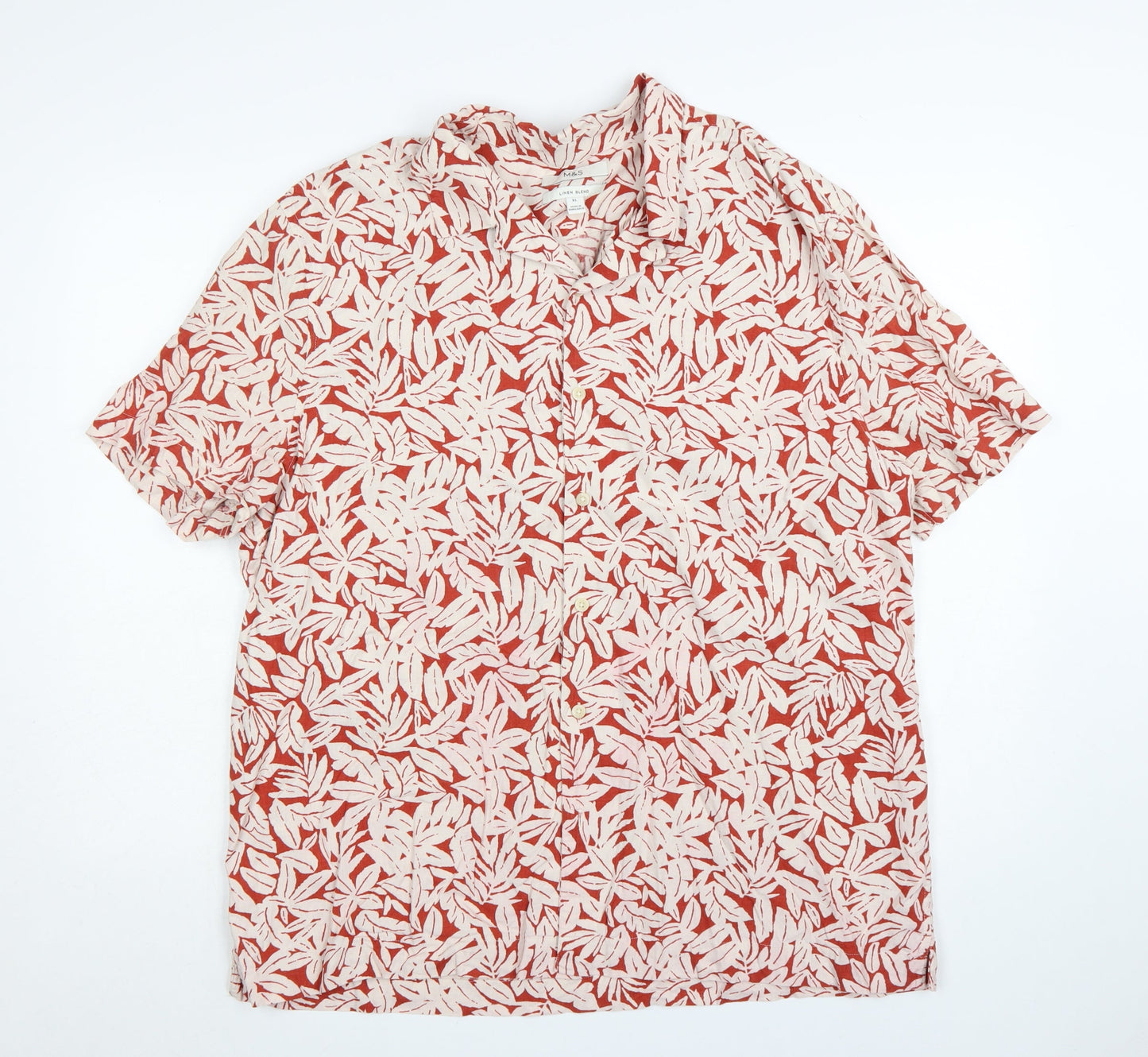 Marks and Spencer Men's Red Floral Linen Blend Short Sleeve Shirt XL