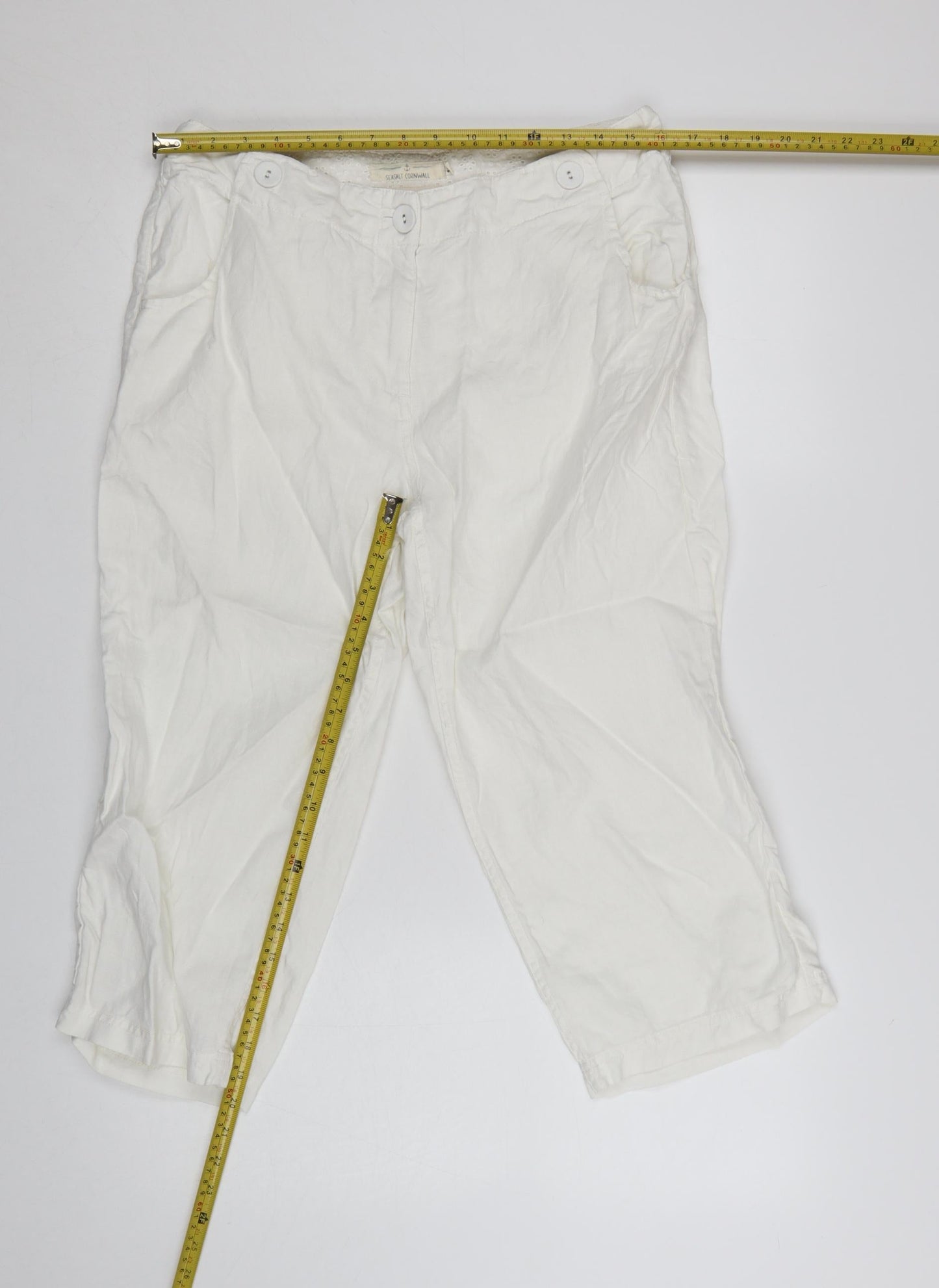 Seasalt Cornwall Women’s White Linen Cropped Trousers Size 12 Summer Casual