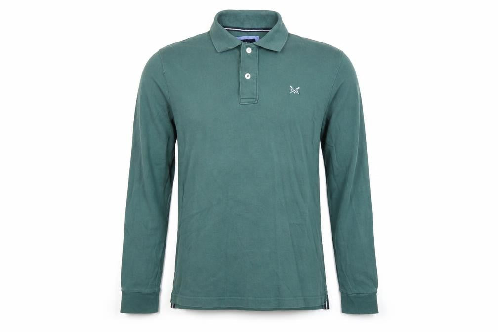 Front view of Crew Clothing Men’s Green Long Sleeve Polo Shirt, size S