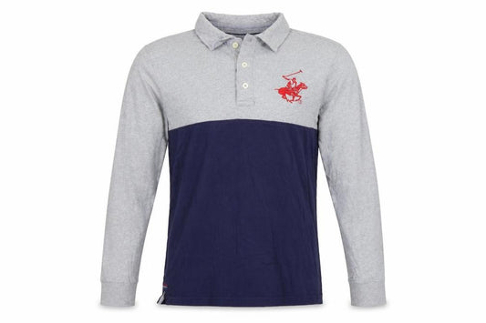 Beverly Hills Polo Club Men's Grey Navy Long Sleeve Polo Shirt Size L