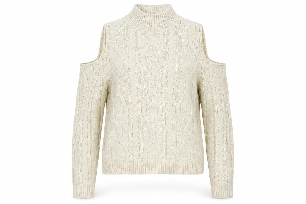 River Island Women Ivory Cold Shoulder Cable-Knit Jumper Size 12