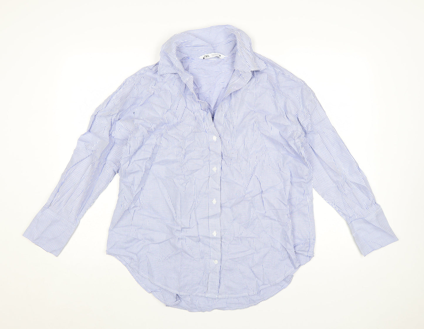Zara Women Blue Striped Cotton Button-Up Shirt Size S