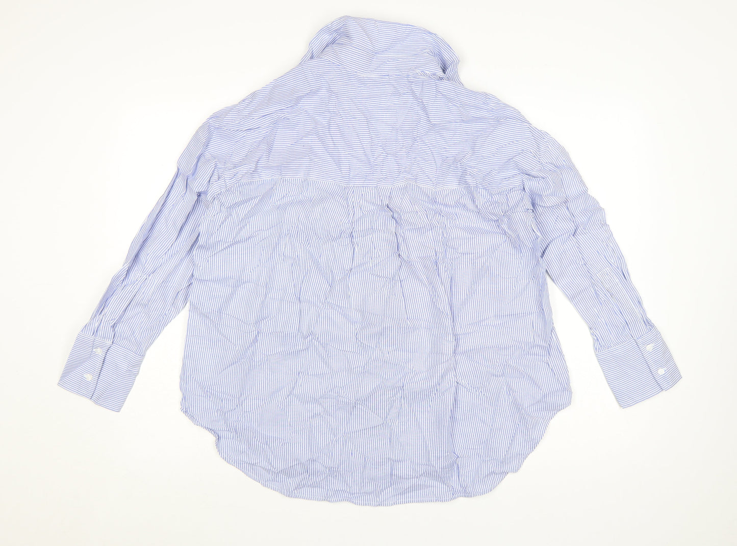 Zara Women Blue Striped Cotton Button-Up Shirt Size S
