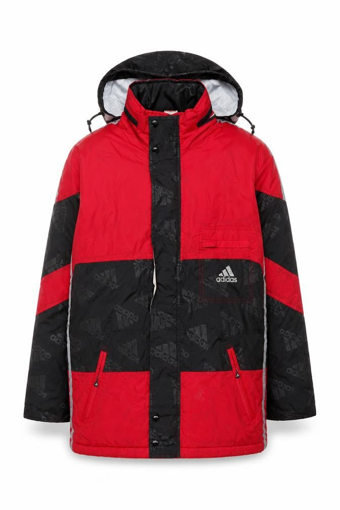 Front view of Adidas Vintage Red Black Men's S Waterproof Hooded Winter Parka Jacket