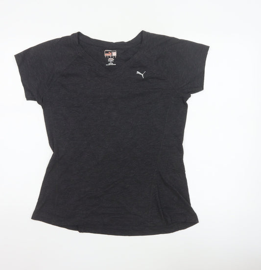 Puma Womens Black V-Neck Short Sleeve Basic Sports T-Shirt Size 14