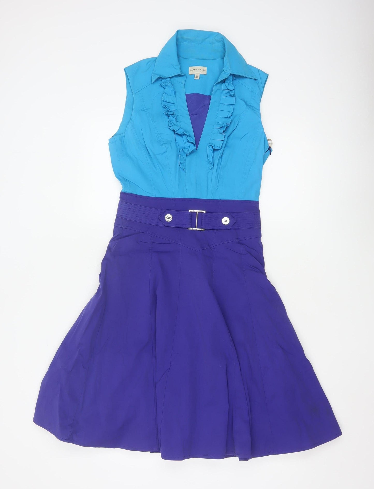 Karen Millen Women Blue Colourblock Fit & Flare Dress Size 10