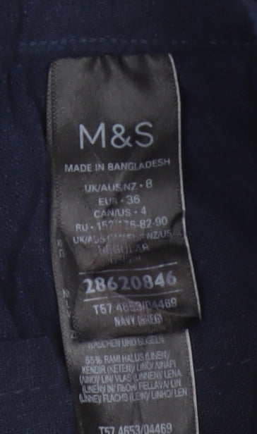 Marks and Spencer Womens Navy Linen Wide-Leg Trousers Size 8